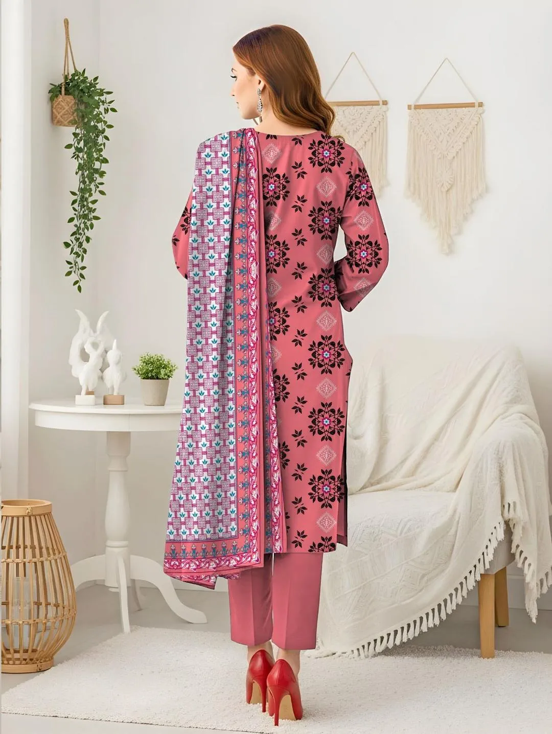Pink Printed Dobby Lawn Suit - 3Pc with Bamber Dupatta