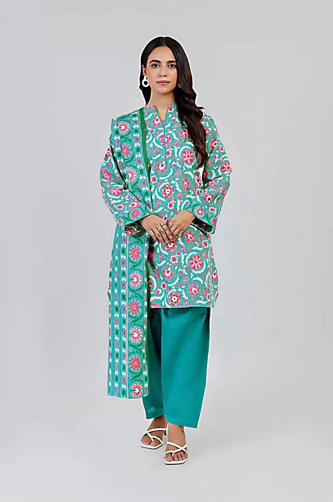 Blue Printed Dobby Lawn Suit - 3Pc Unstitched