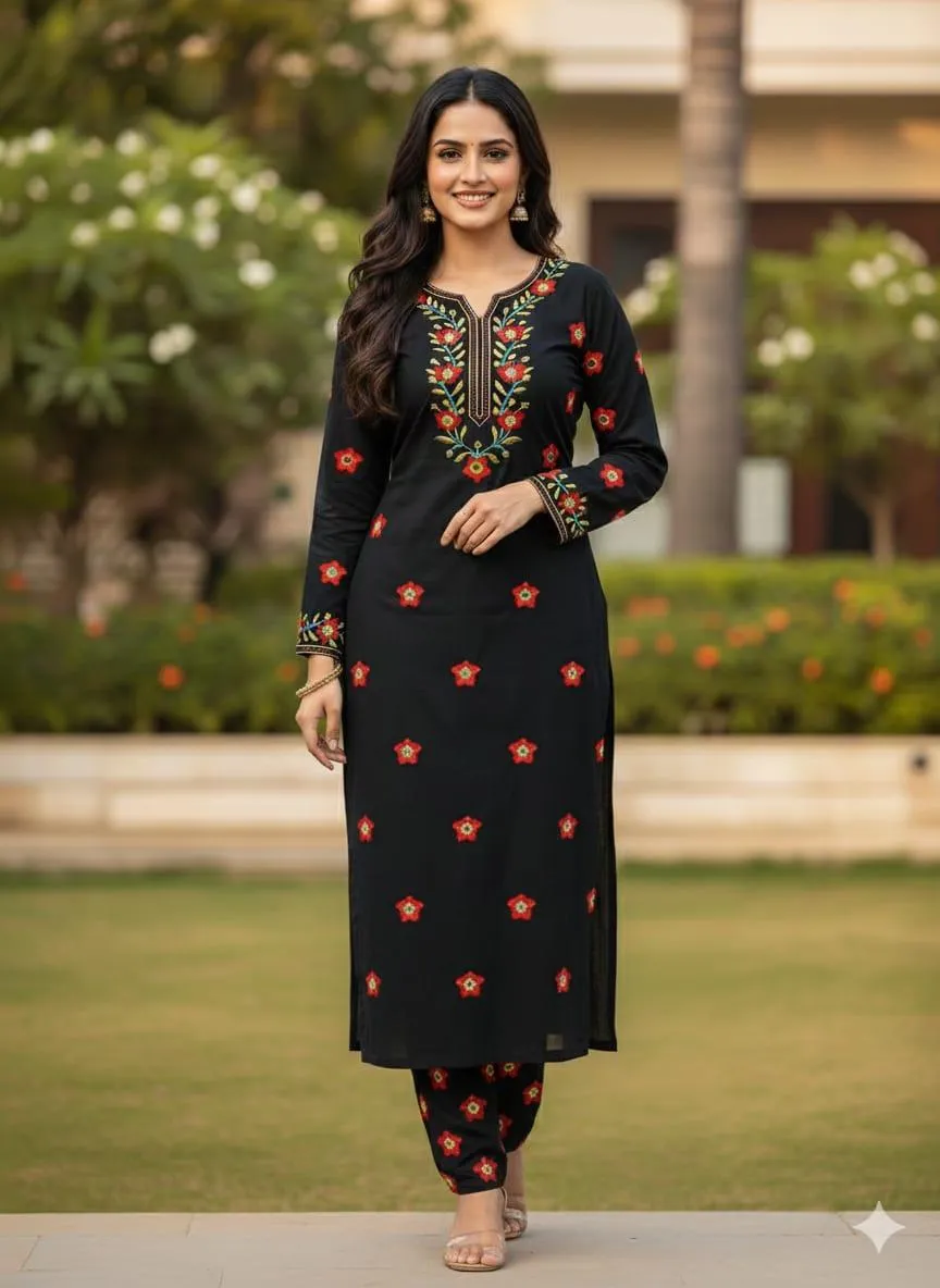 Black Embroidered Cotton Suit - 2Pc
