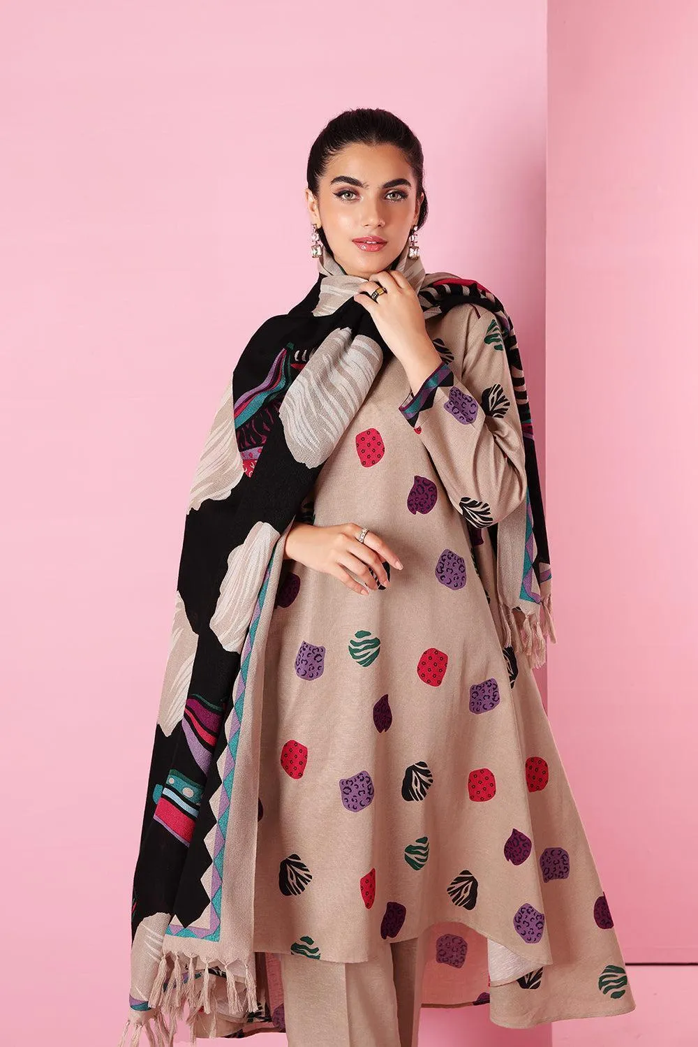 Beige Embroidered Lawn Suit - Digital Print Dobby Dupatta