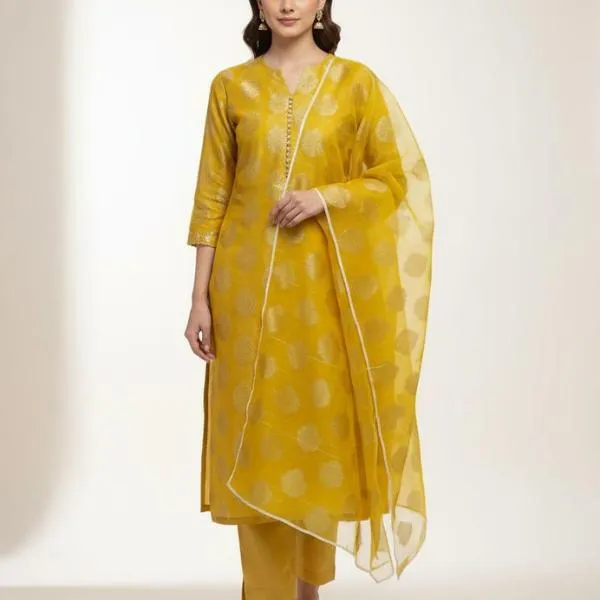 Yellow Embroidered Organza Suit - 3Pc