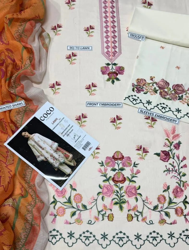 Off White Embroidered Lawn Suit – 3 Piece Unstitched