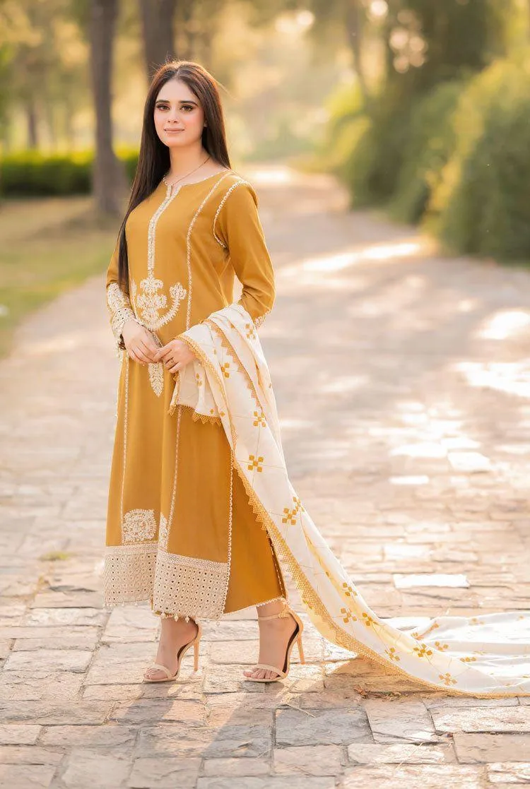 Golden Embroidered Lawn Suit - 3Pc