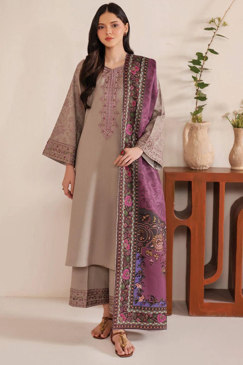 Beige Embroidered Lawn Suit - 3Pc