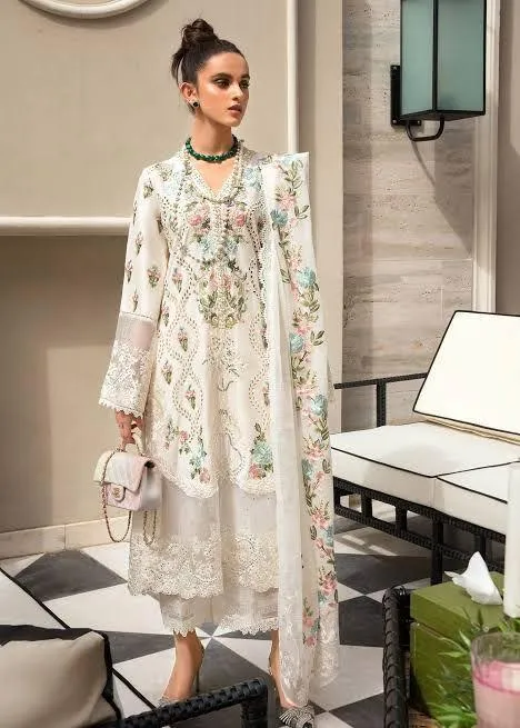 Off White Chikankari Lawn Suit - Luxury 3Pc Net Dupatta