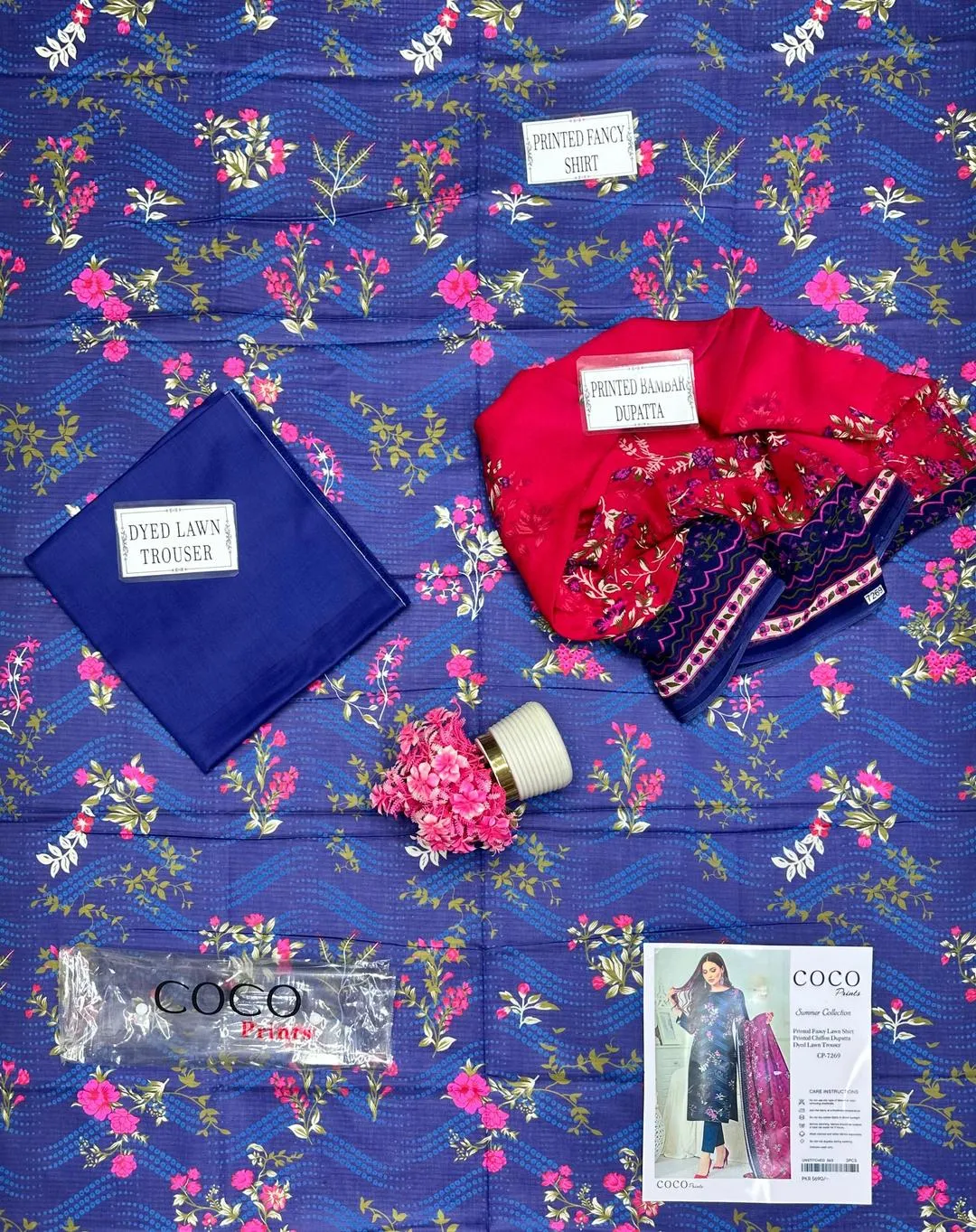 Blue Printed Dobby Lawn Suit - 3Pc with Bamber Dupatta