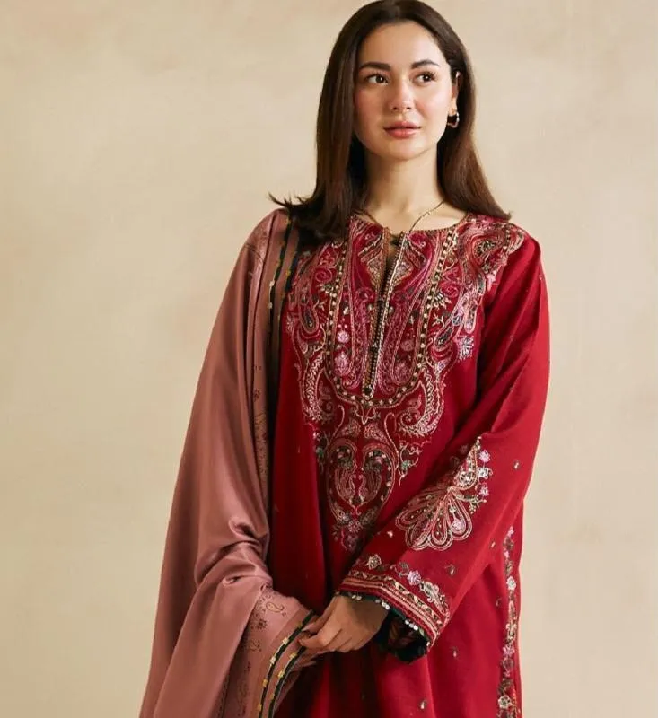 Maroon Embroidered Lawn Suit - Patch Work 3Pc
