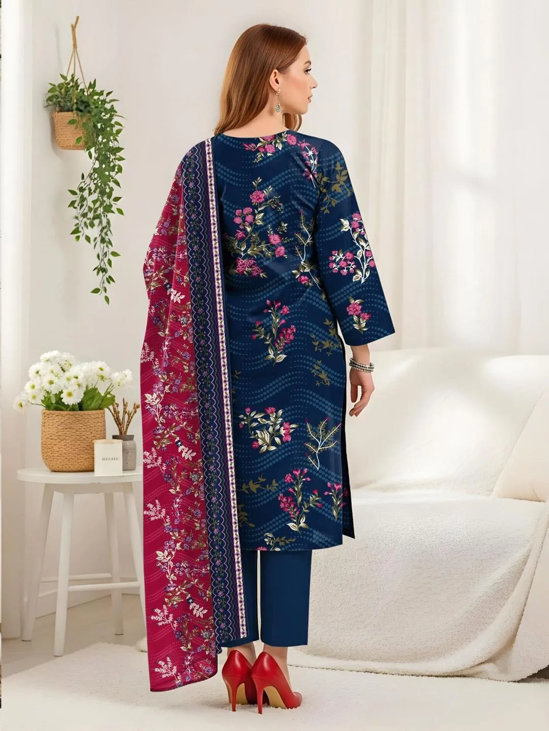 Blue Printed Dobby Lawn Suit - 3Pc with Bamber Dupatta