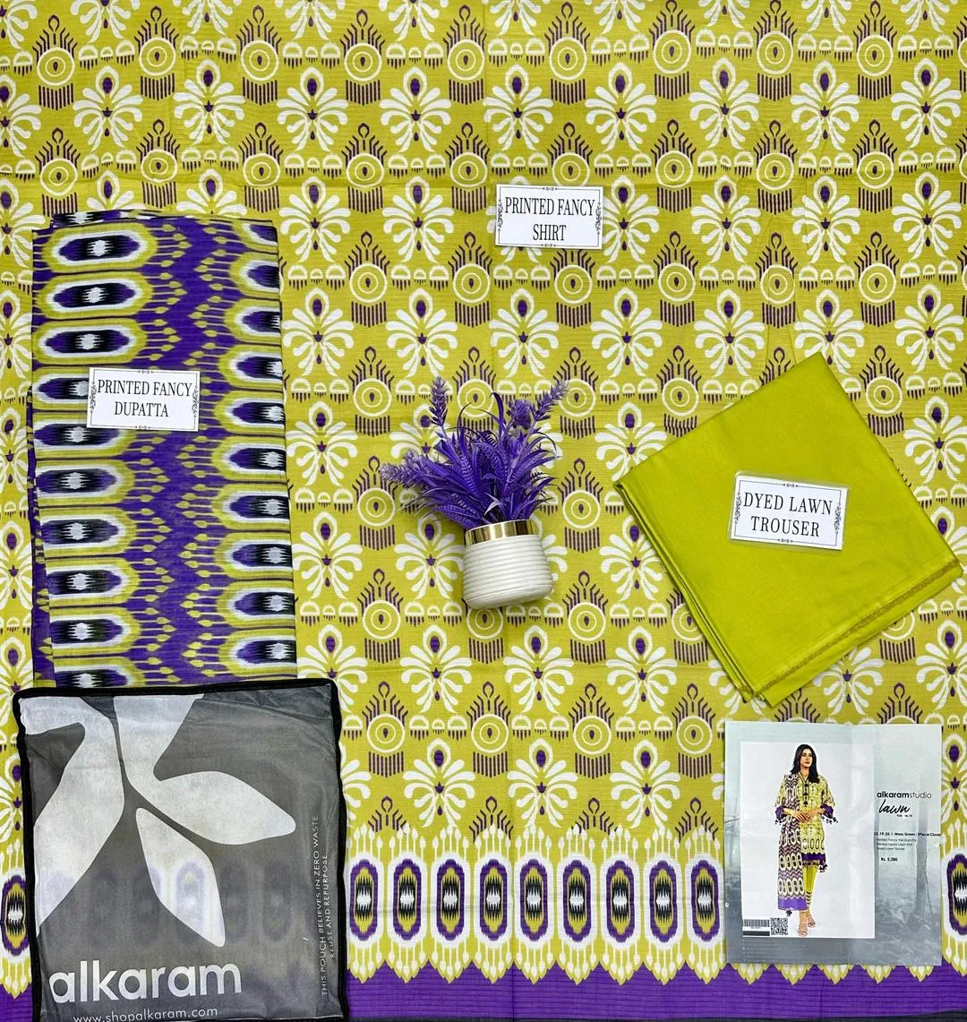 Green Printed Dobby Lawn Suit - Premium 3Pc Unstitched