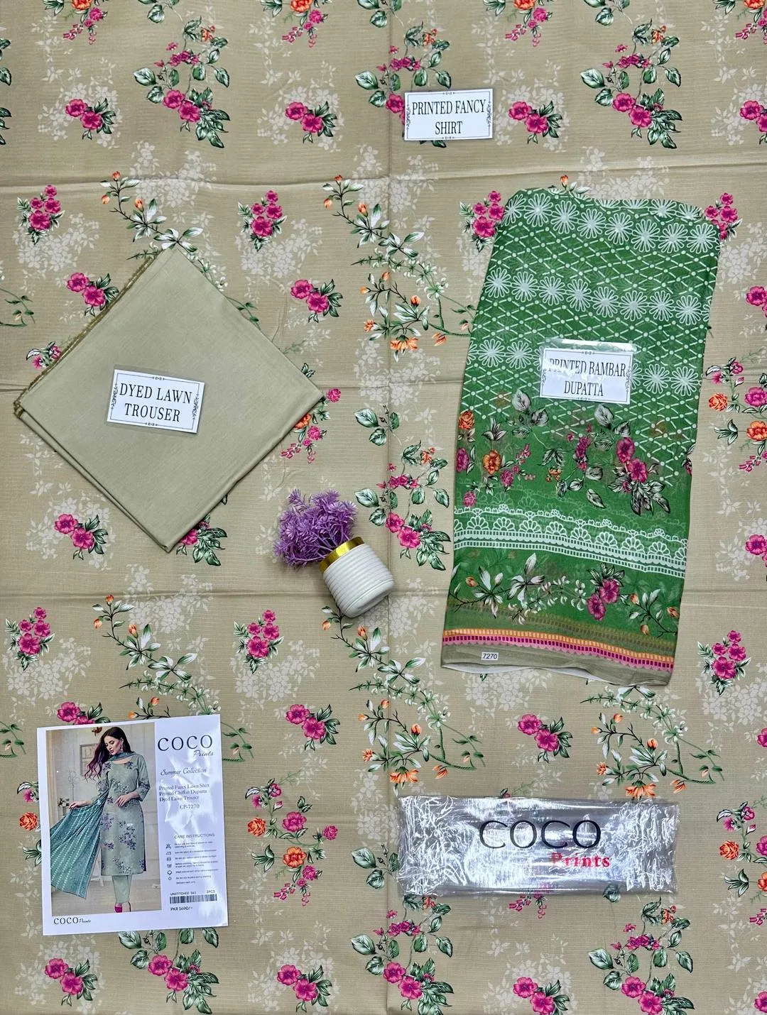 Green Printed Dobby Lawn Suit - 3Pc with Bamber Dupatta