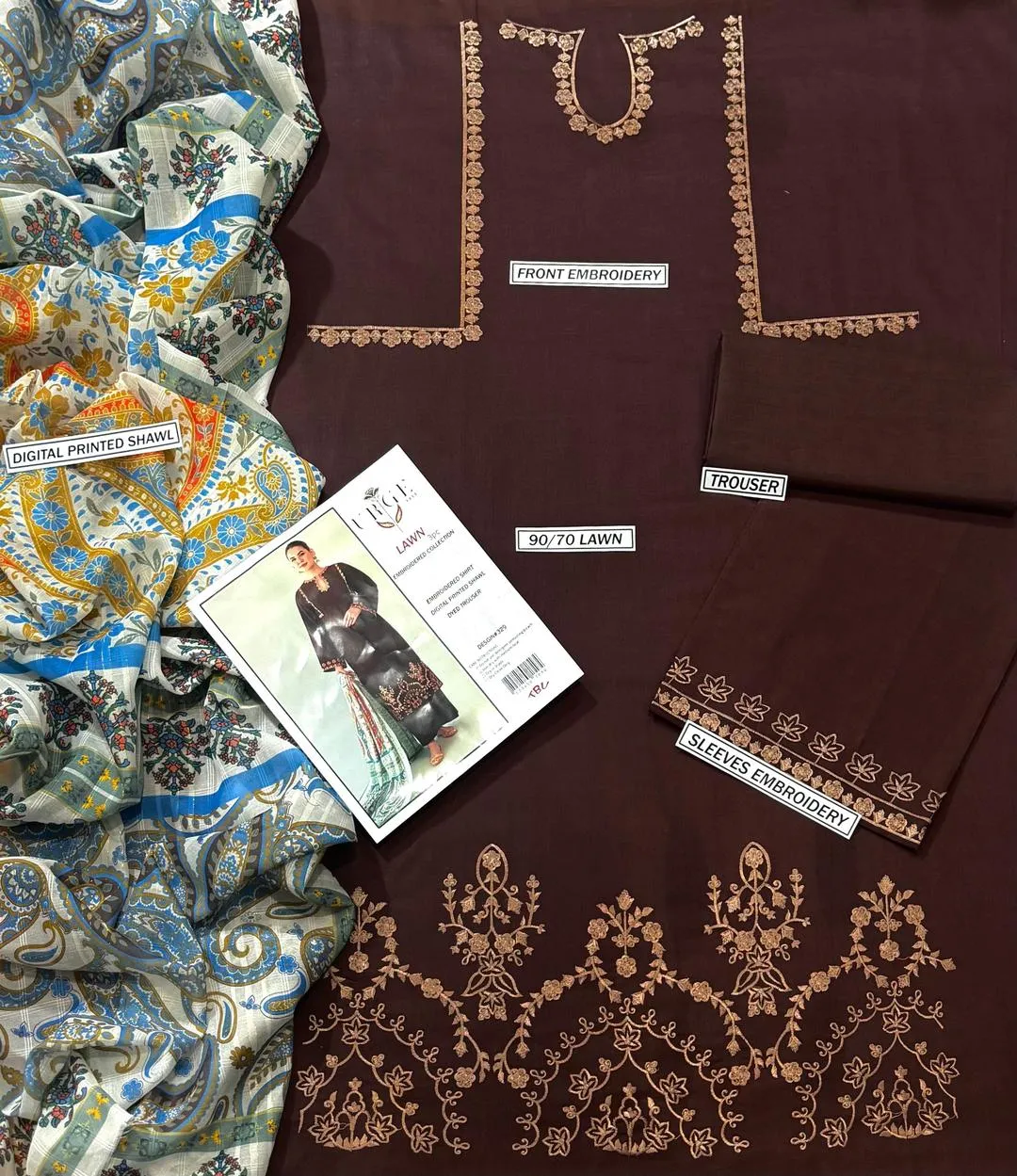 Brown Embroidered Lawn Suit - Digital Print Dobby Dupatta