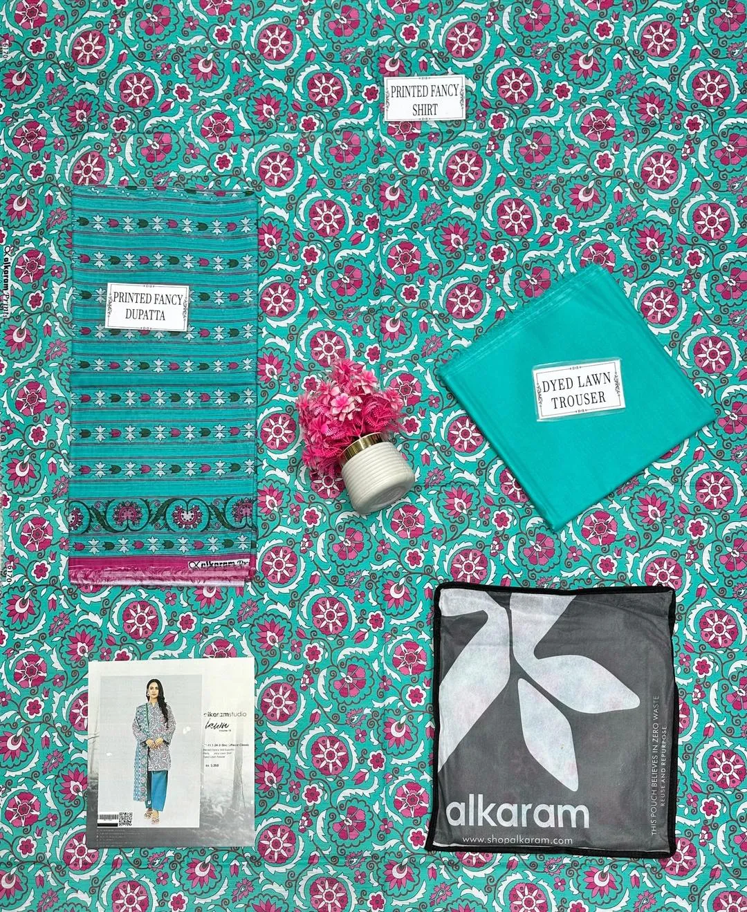 Blue Printed Dobby Lawn Suit - 3Pc Unstitched