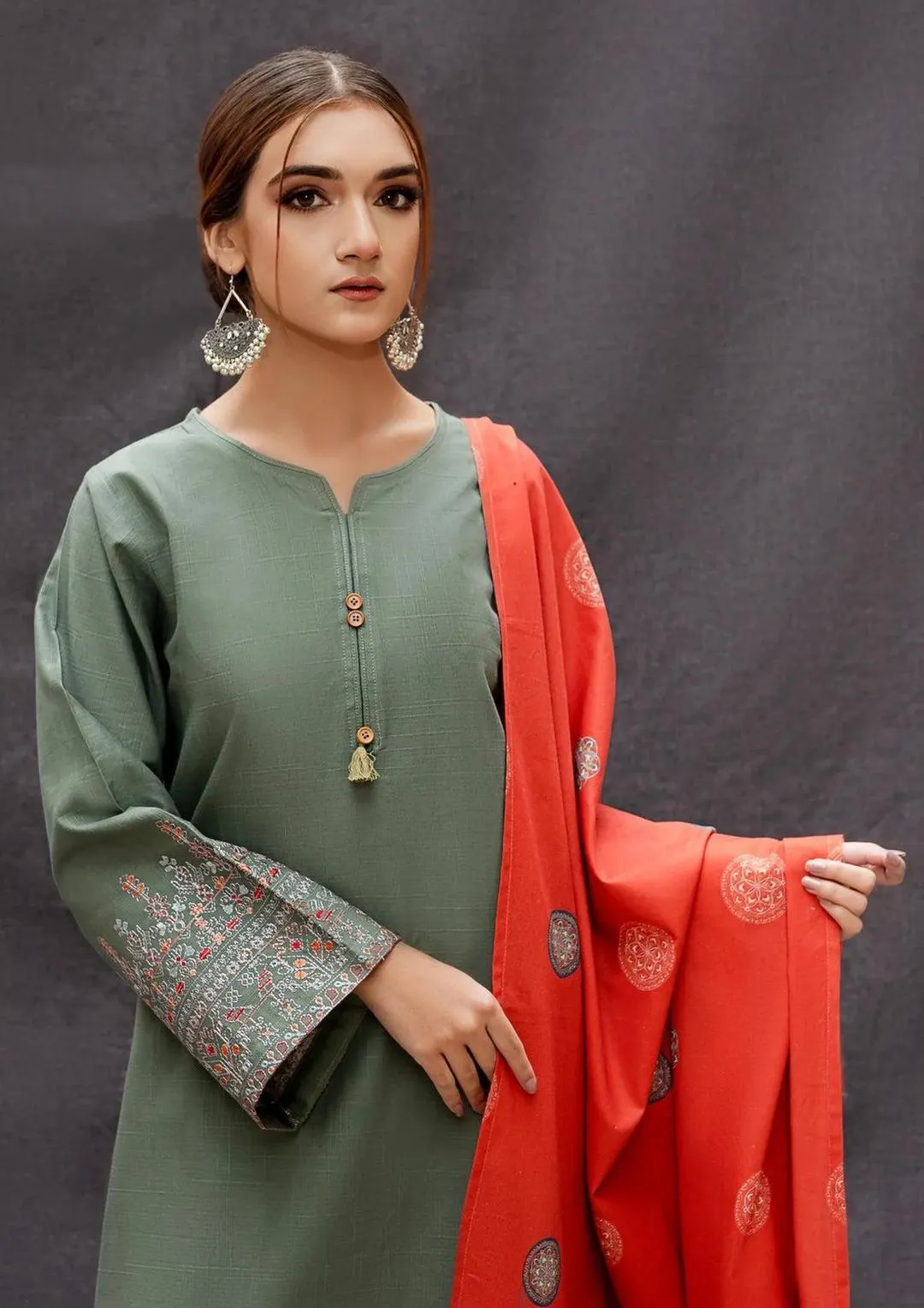 Green Embroidered Lawn Suit - Digital Print Dobby Dupatta
