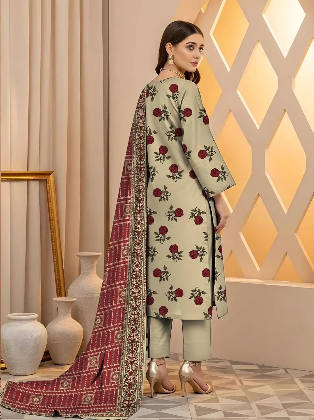 Off White Printed Lawn Suit - 3Pc Unstitched Collection