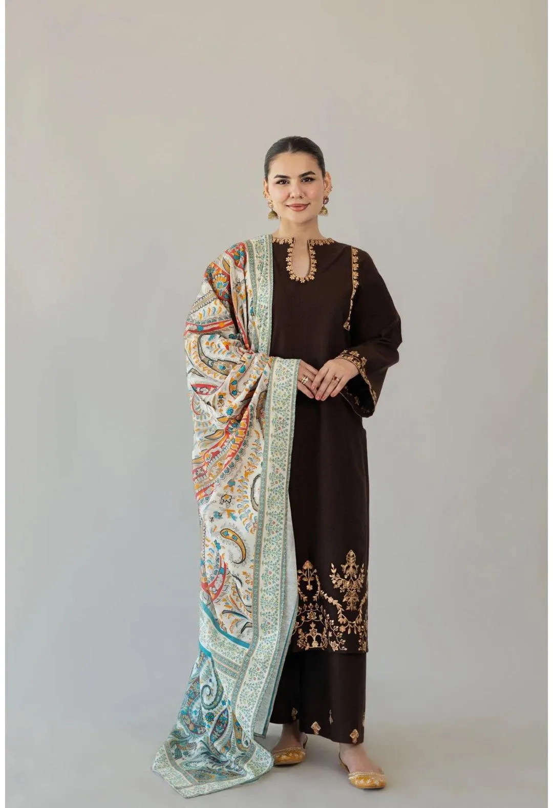 Brown Embroidered Lawn Suit - Digital Print Dobby Dupatta