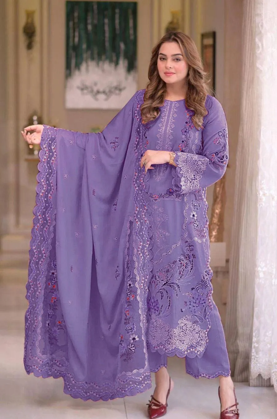 Purple Chikankari Lawn Suit - Luxury 3Pc Net Dupatta