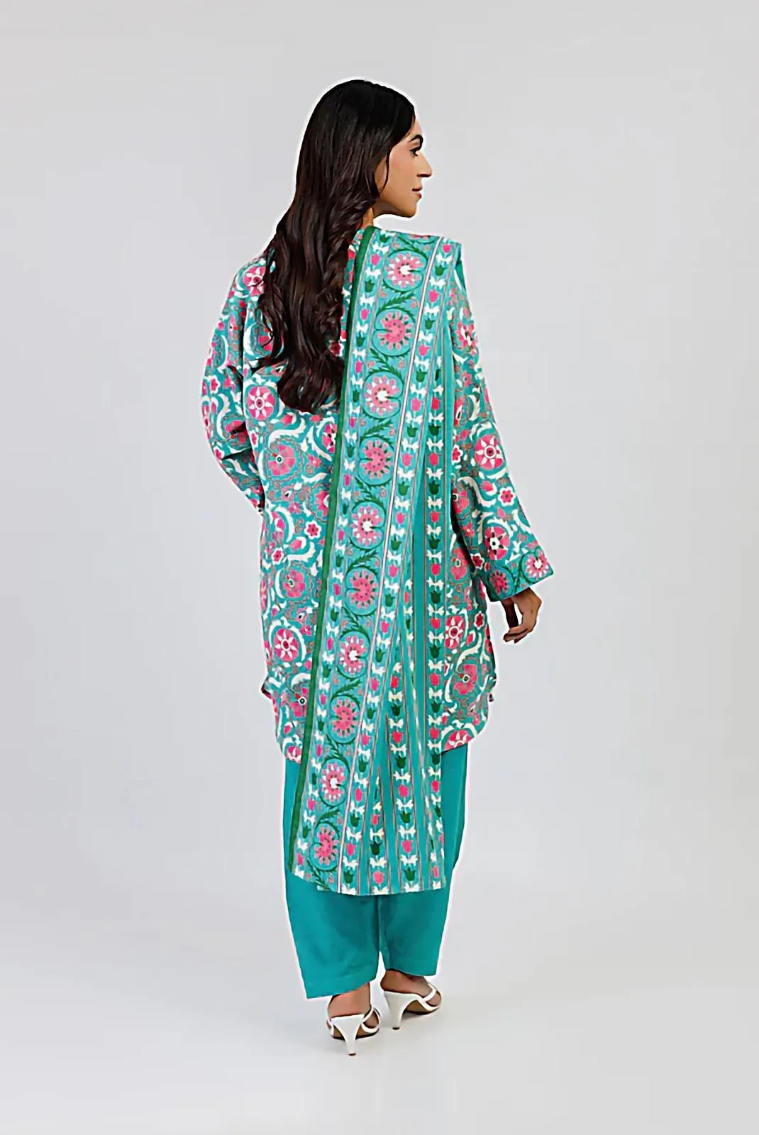 Blue Printed Dobby Lawn Suit - 3Pc Unstitched