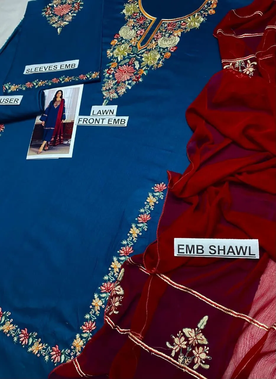 Blue Embroidered Lawn Suit - 3Pc