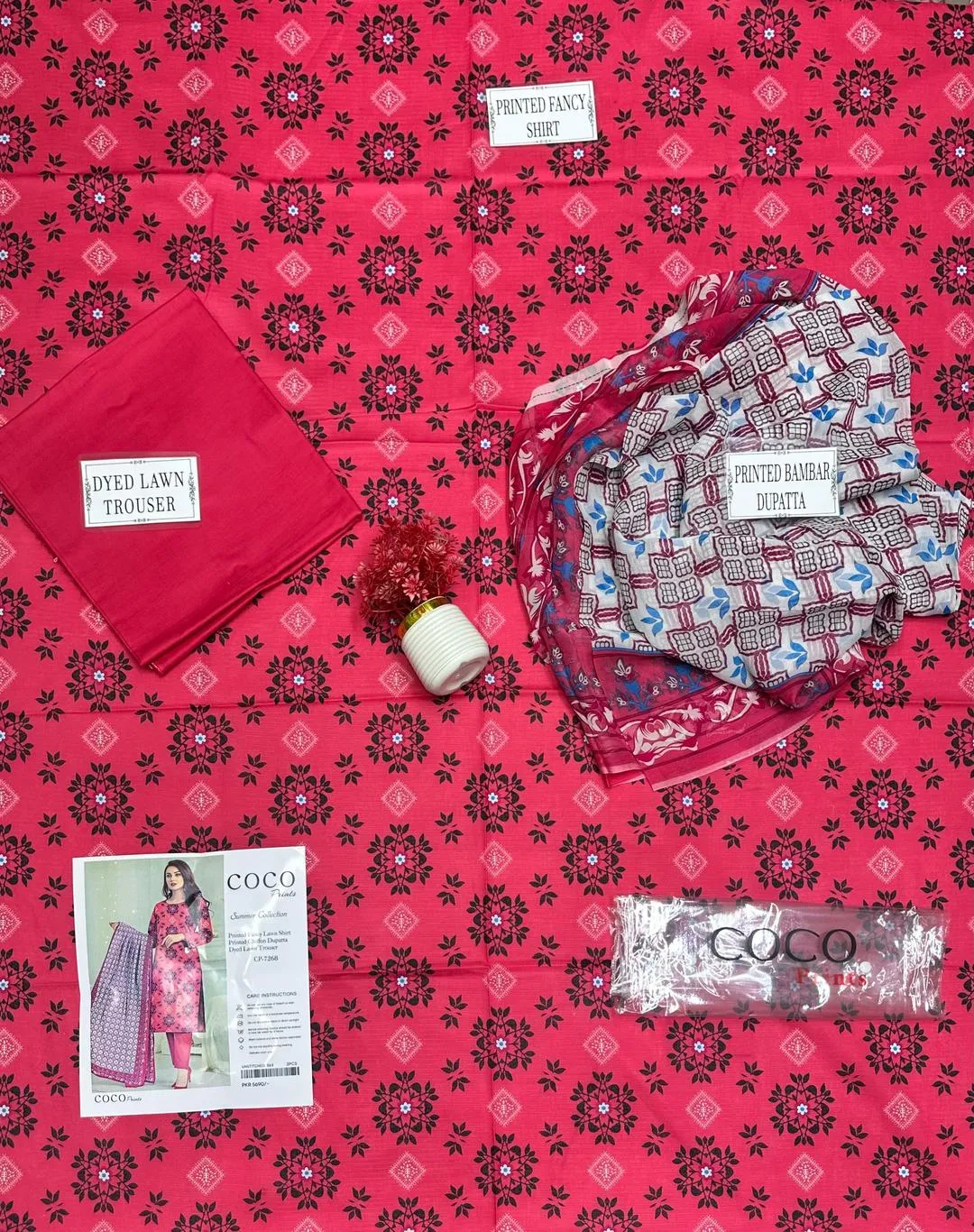 Pink Printed Dobby Lawn Suit - 3Pc with Bamber Dupatta