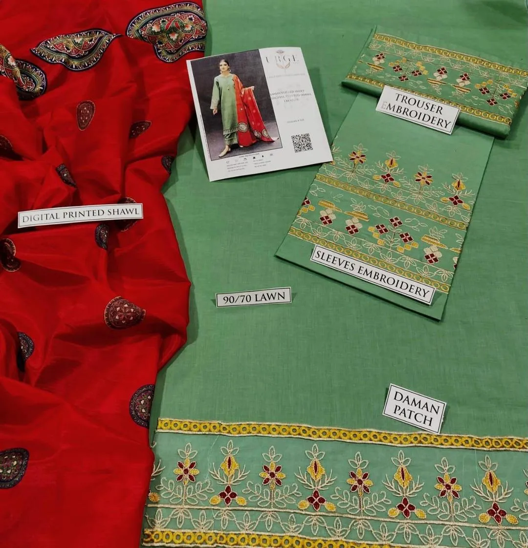 Green Embroidered Lawn Suit - Digital Print Dobby Dupatta