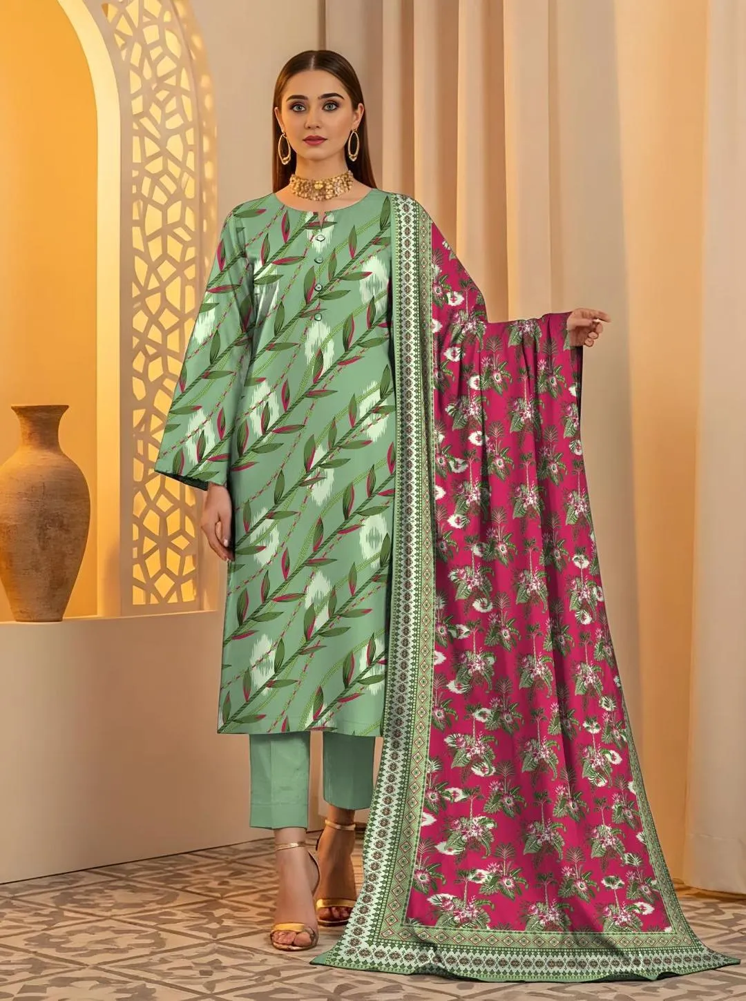 Green Printed Lawn Suit - 3Pc Unstitched Summer Wear