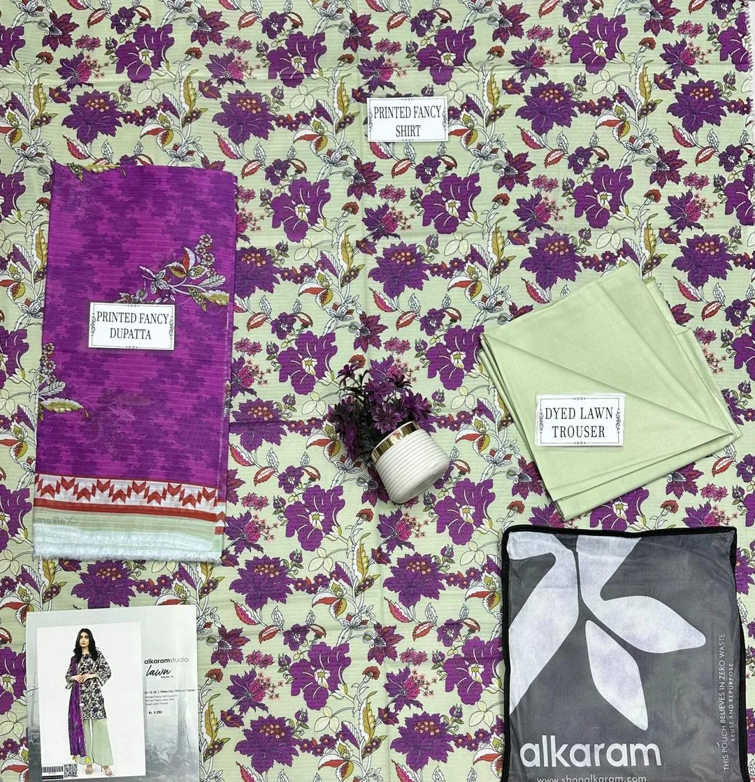 Green Printed Dobby Lawn Suit - 3Pc Unstitched