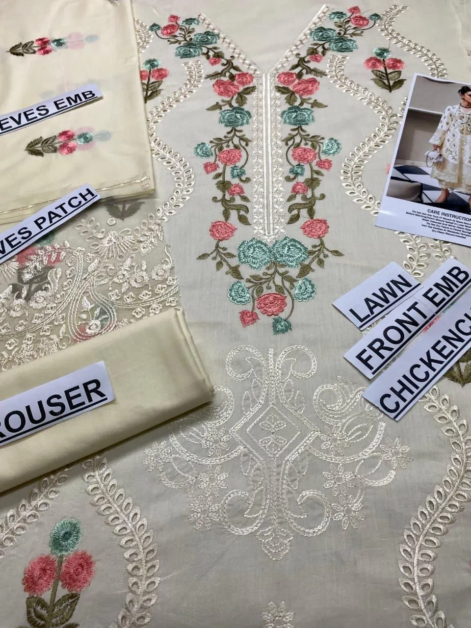 Off White Chikankari Lawn Suit - Luxury 3Pc Net Dupatta