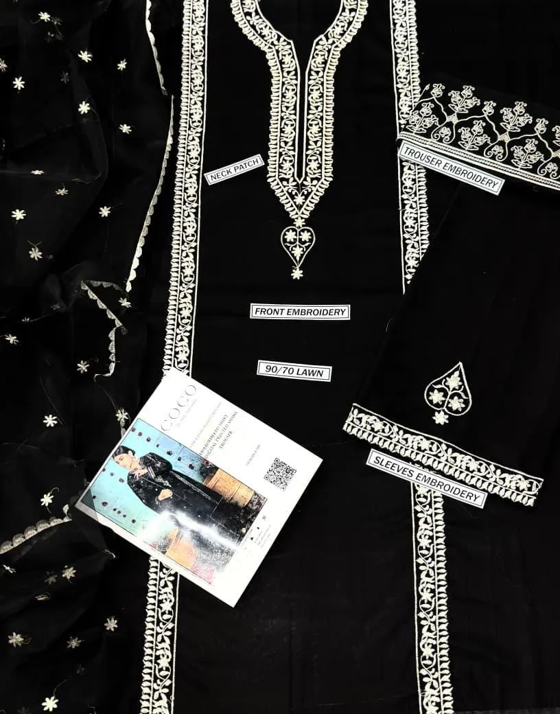 Black Embroidered Lawn Suit - 3Pc
