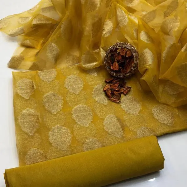 Yellow Embroidered Organza Suit - 3Pc