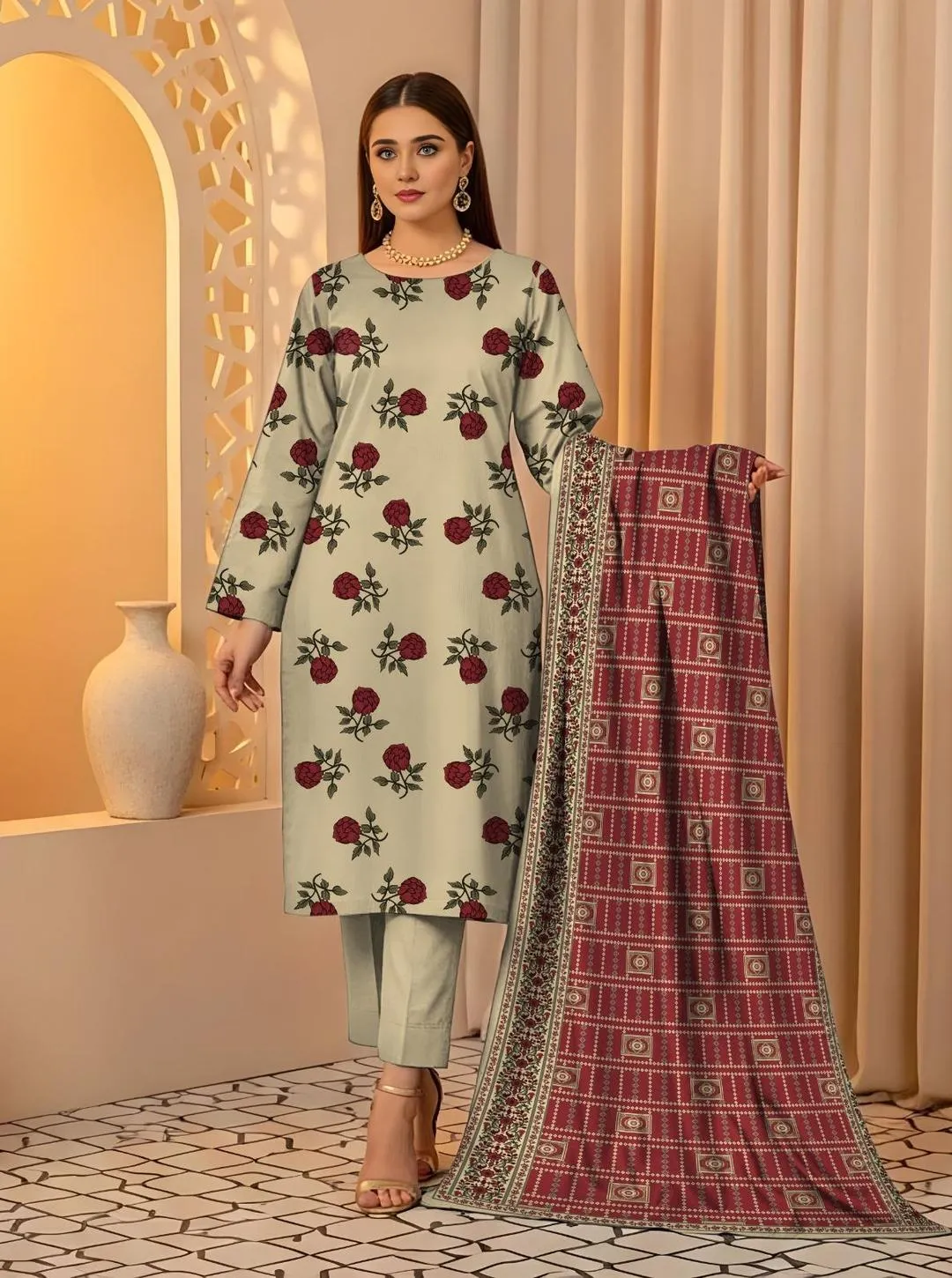 Off White Printed Lawn Suit - 3Pc Unstitched Collection