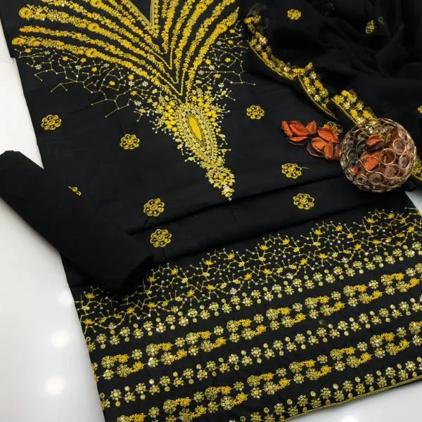 Black Embroidered Lawn Suit - Chiffon Dupatta