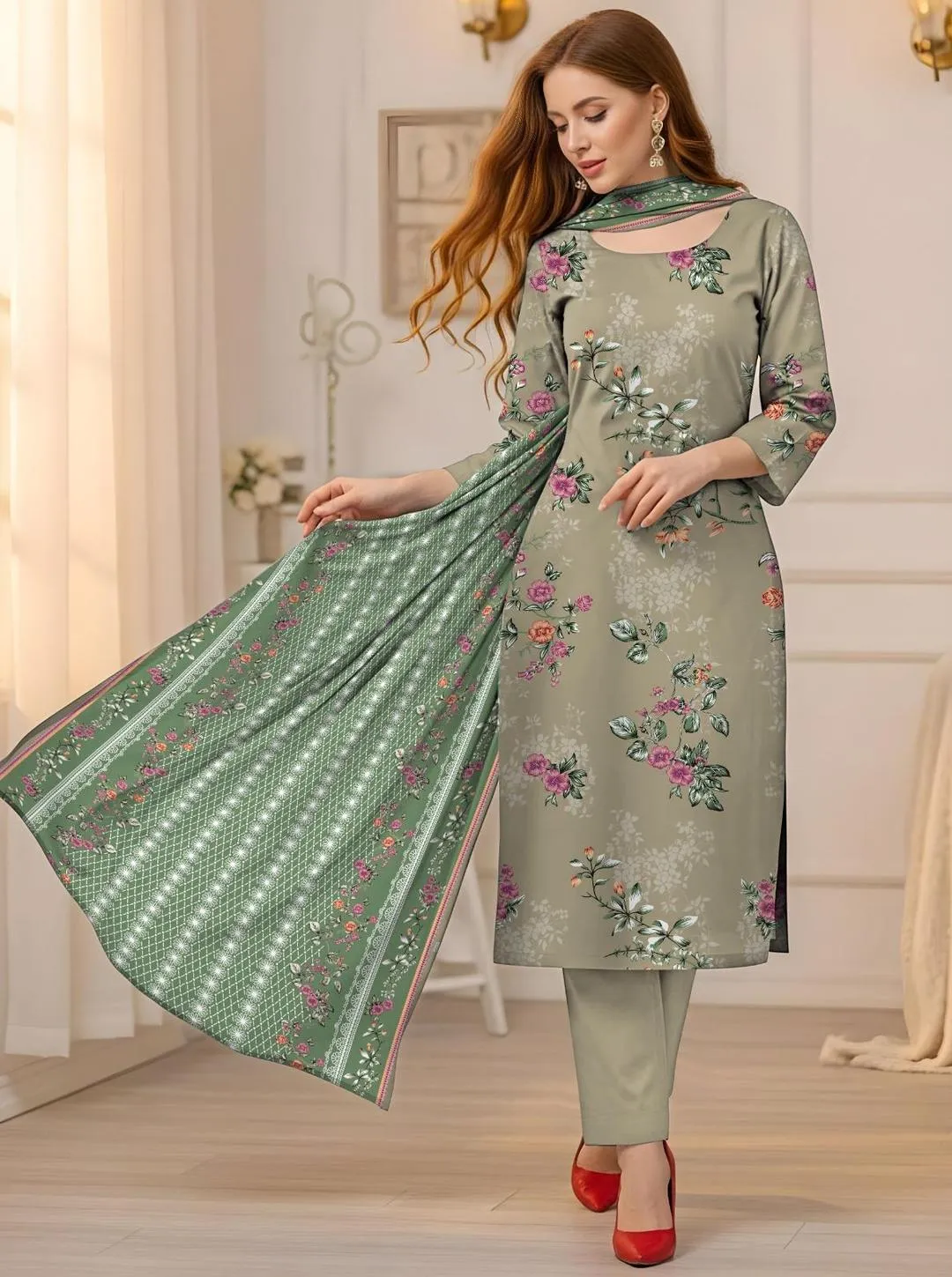 Green Printed Dobby Lawn Suit - 3Pc with Bamber Dupatta
