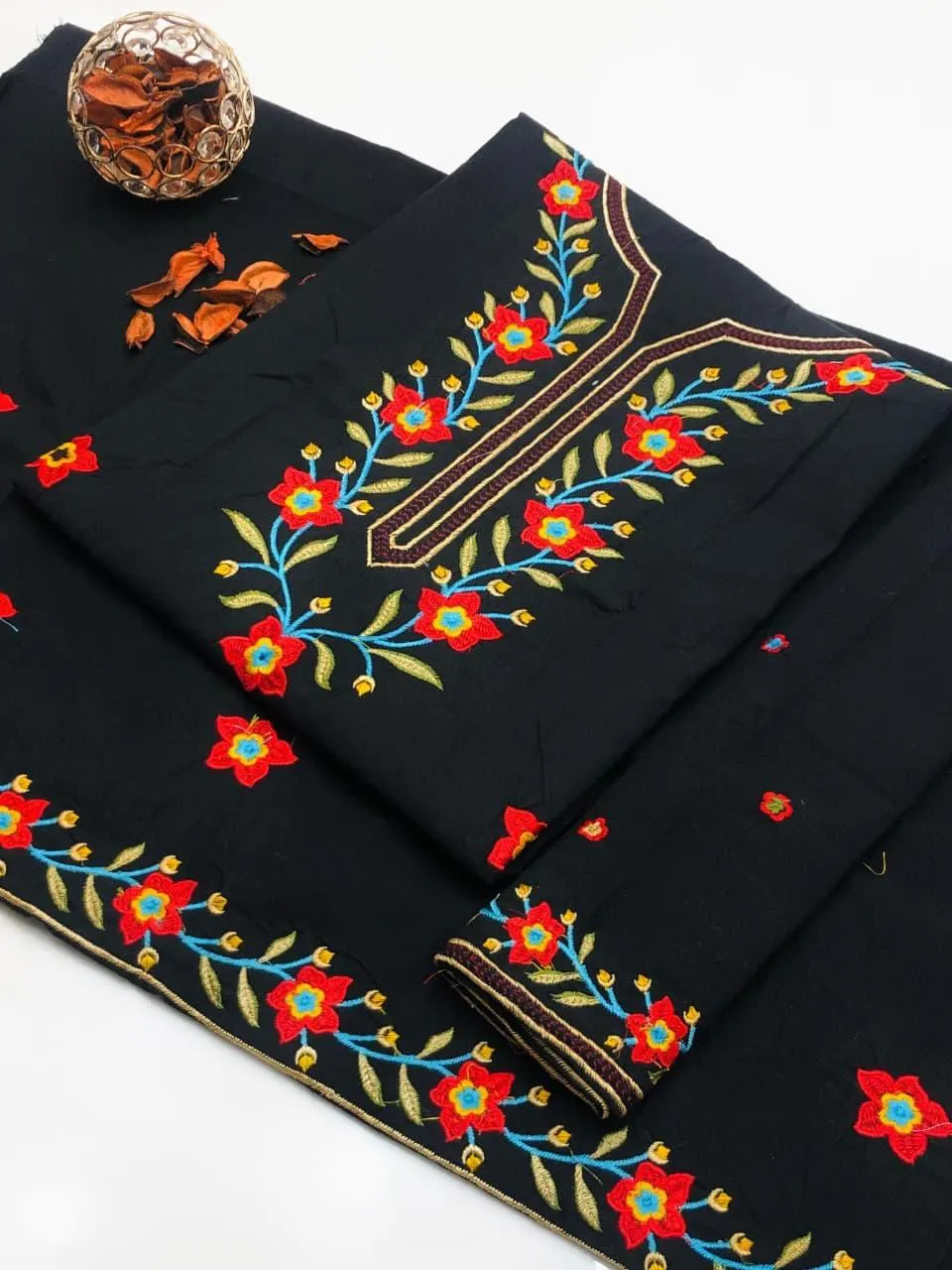 Black Embroidered Cotton Suit - 2Pc