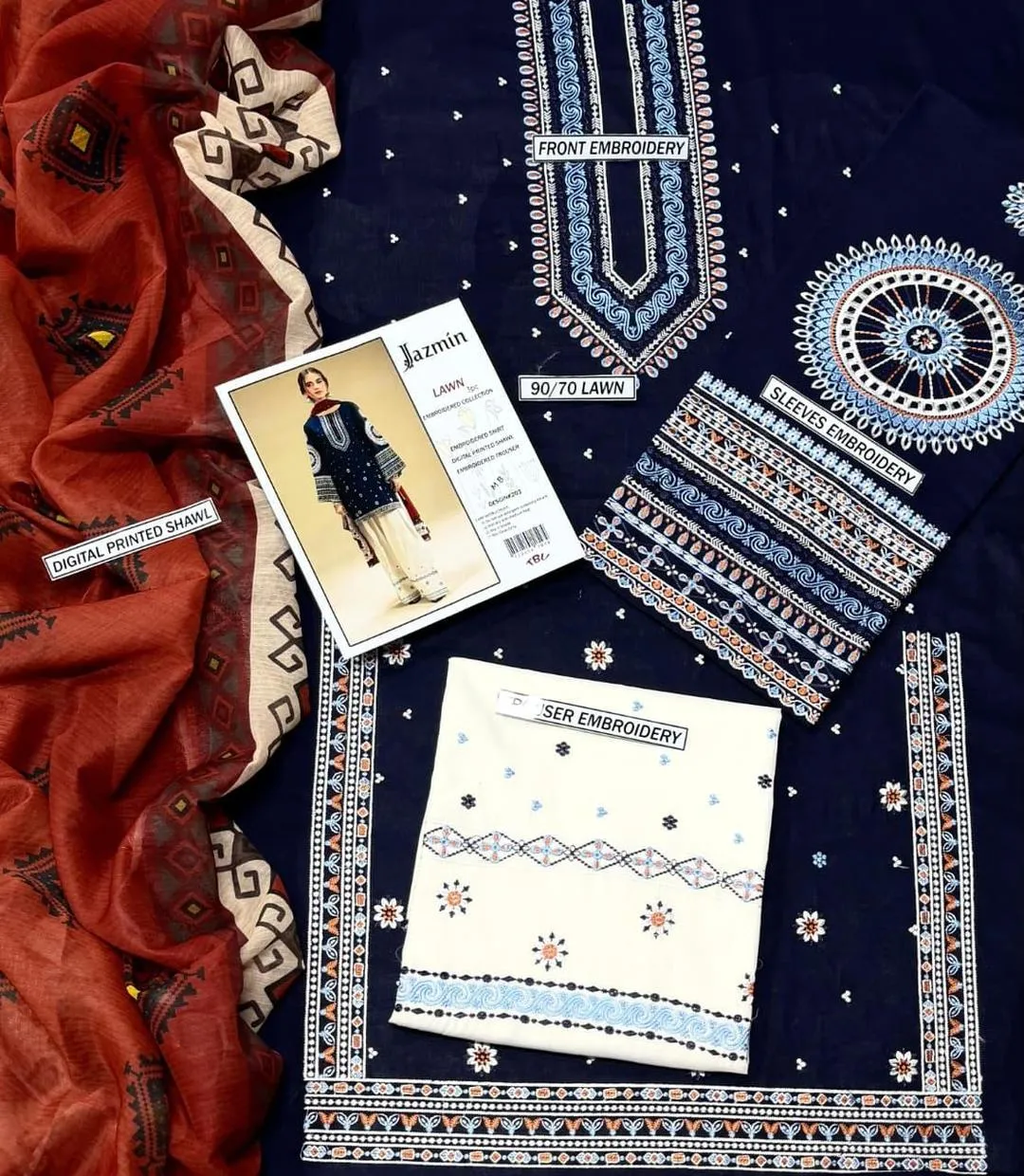 Blue Embroidered Lawn Suit - 3Pc