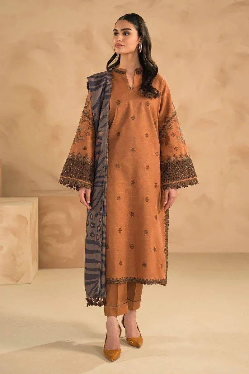 Brown Embroidered Lawn Suit - Elegant 3Pc Unstitched