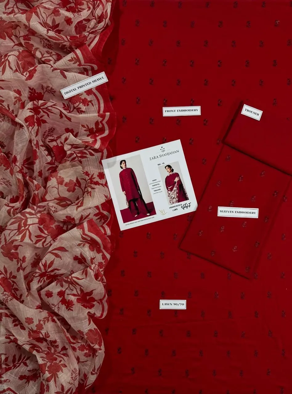 3 Piece Embroidered Red Lawn Suit