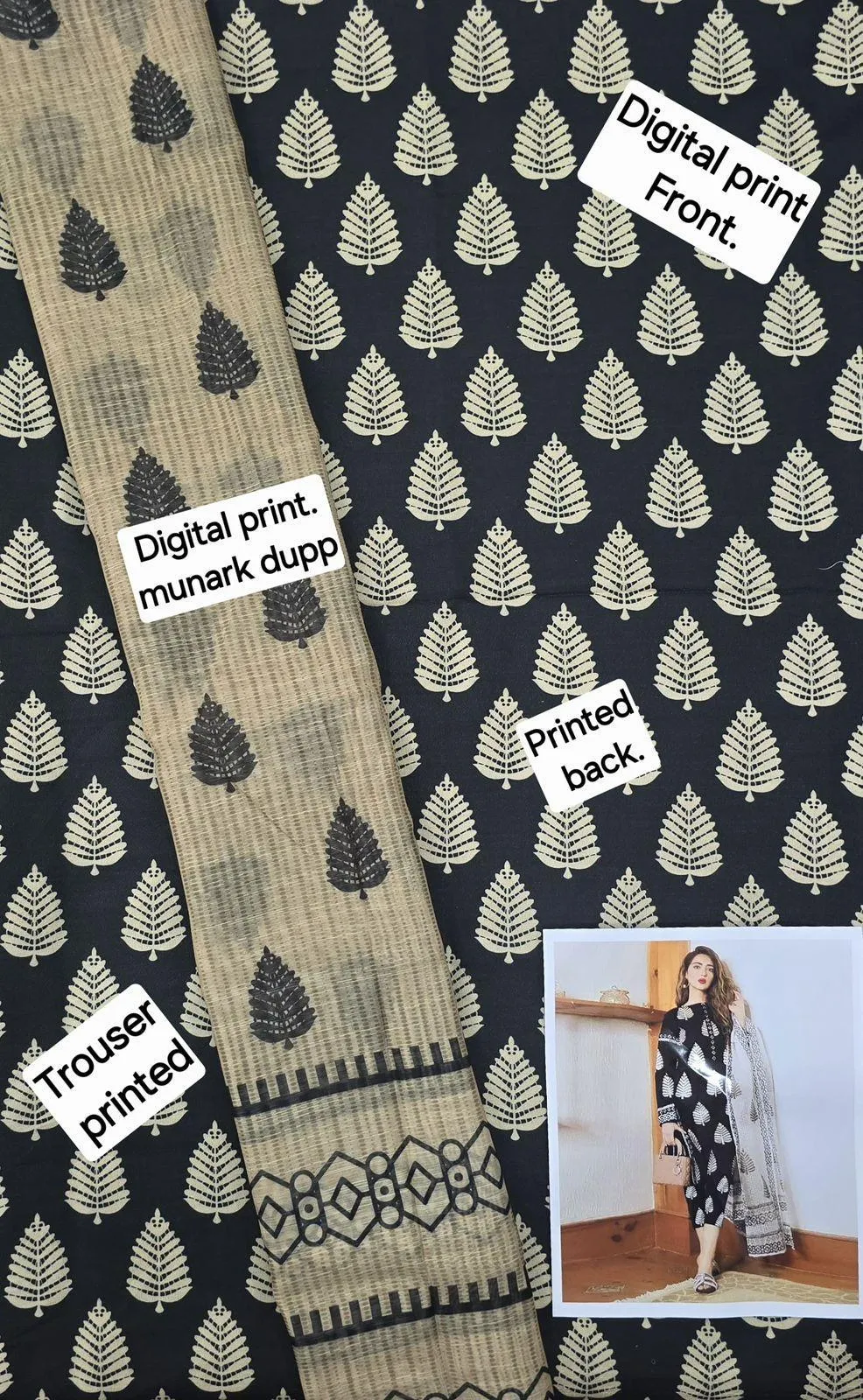 Black Digital Printed Dhanak Suit – 3 Piece Collection