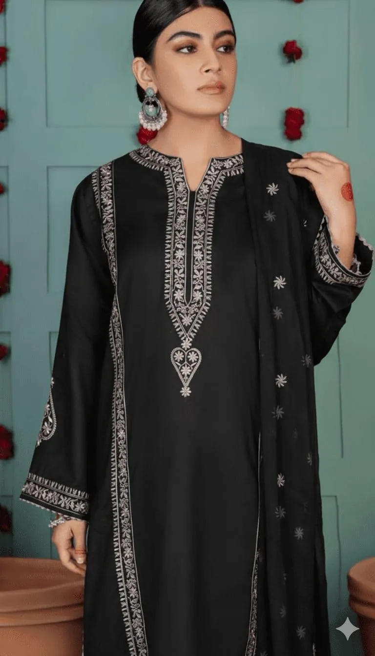 Black Embroidered Lawn Suit - 3Pc