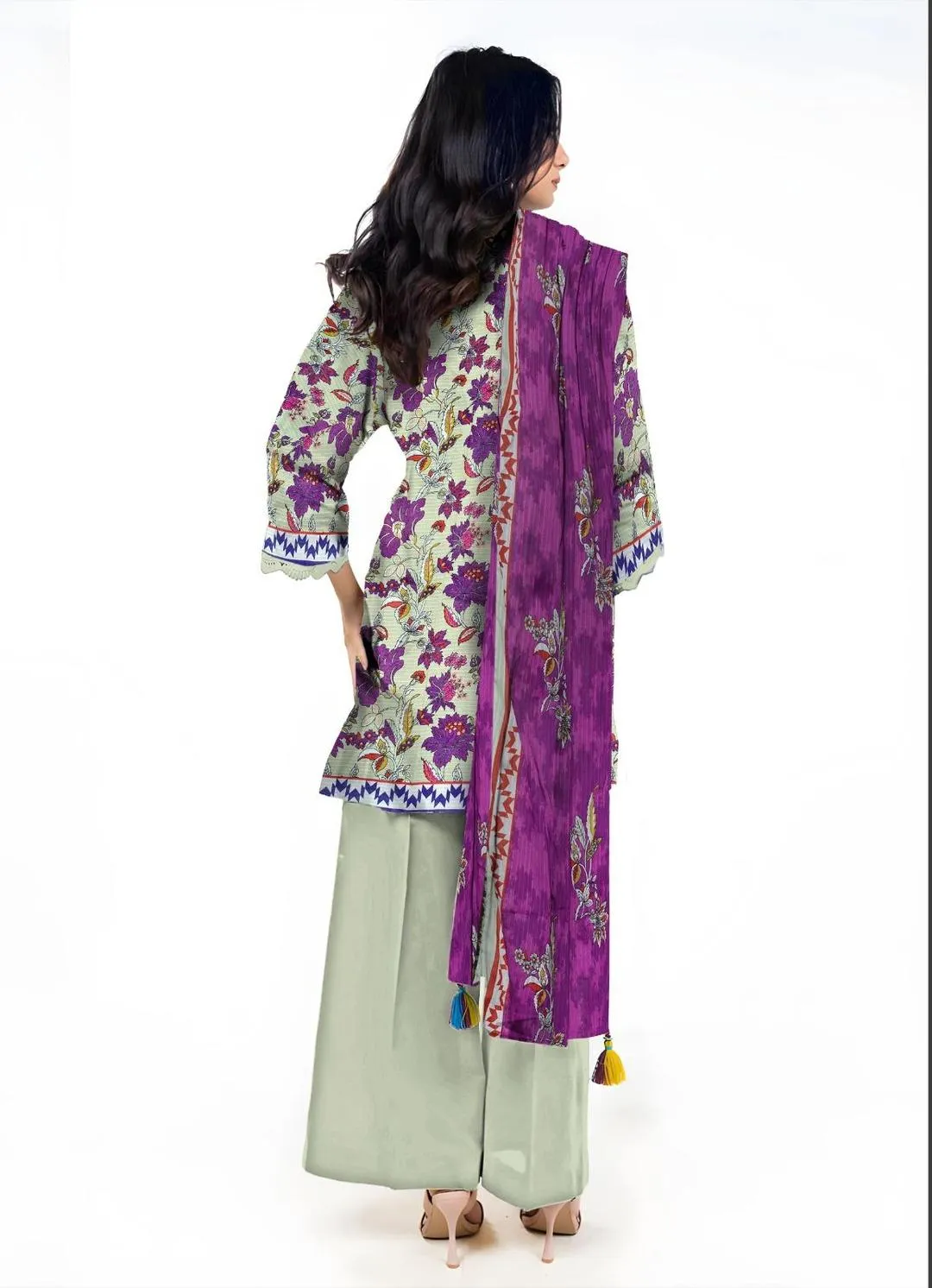 Green Printed Dobby Lawn Suit - 3Pc Unstitched
