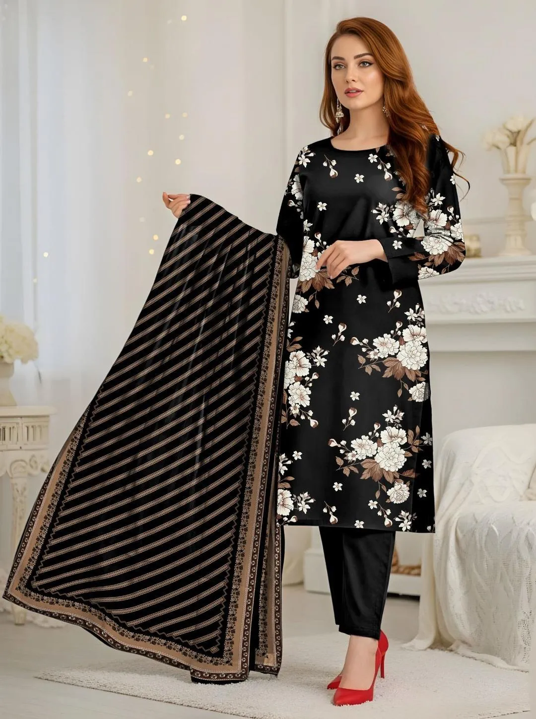 Blue Printed Dobby Lawn Suit - 3Pc with Bamber Dupatta