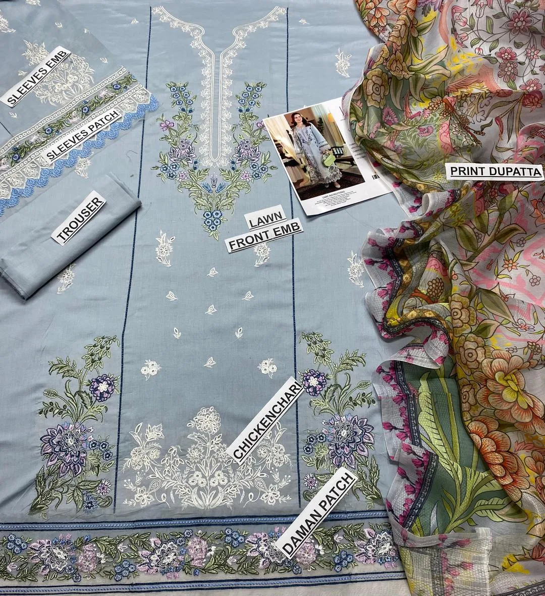 Grey Chikankari Embroidered Suit - 3Pc