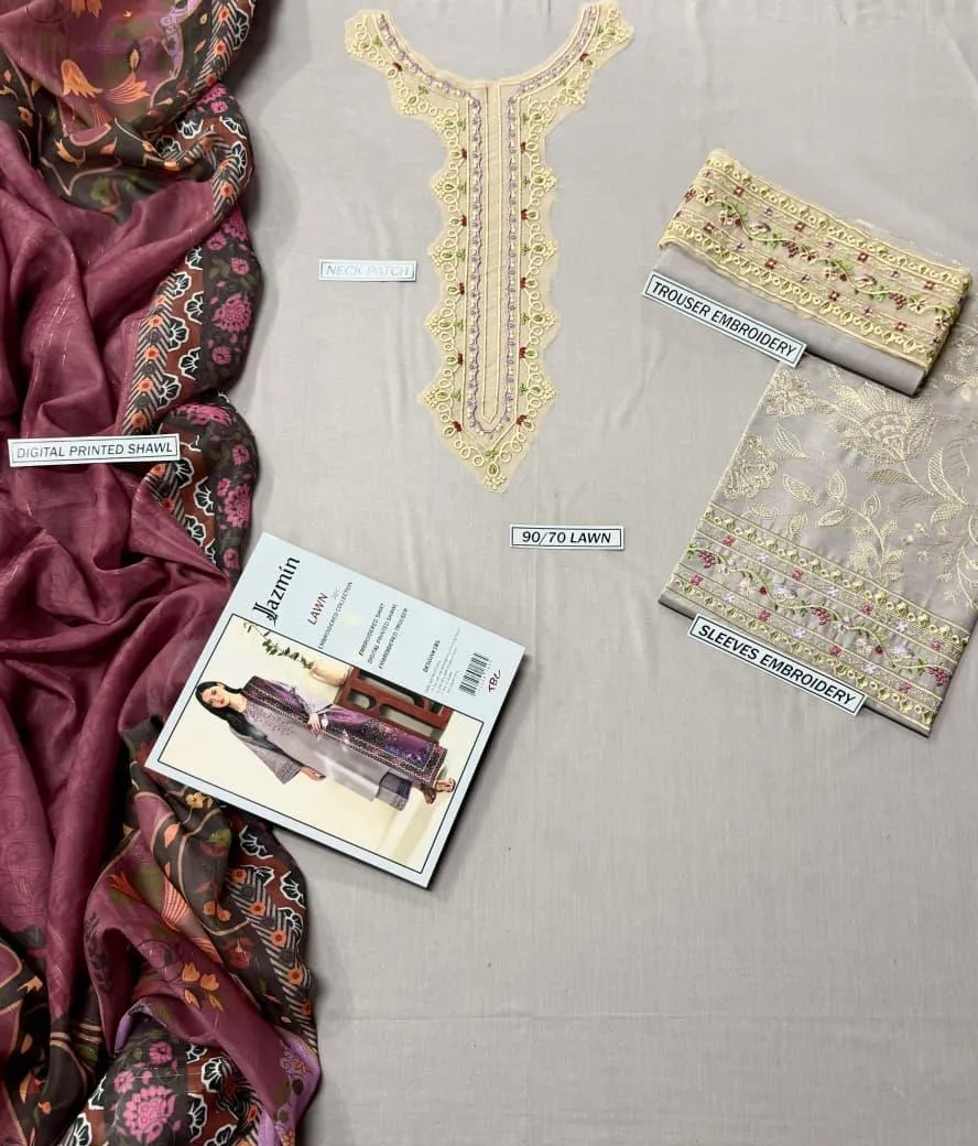 Beige Embroidered Lawn Suit - 3Pc
