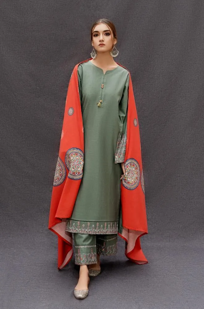 Green Embroidered Lawn Suit - Digital Print Dobby Dupatta