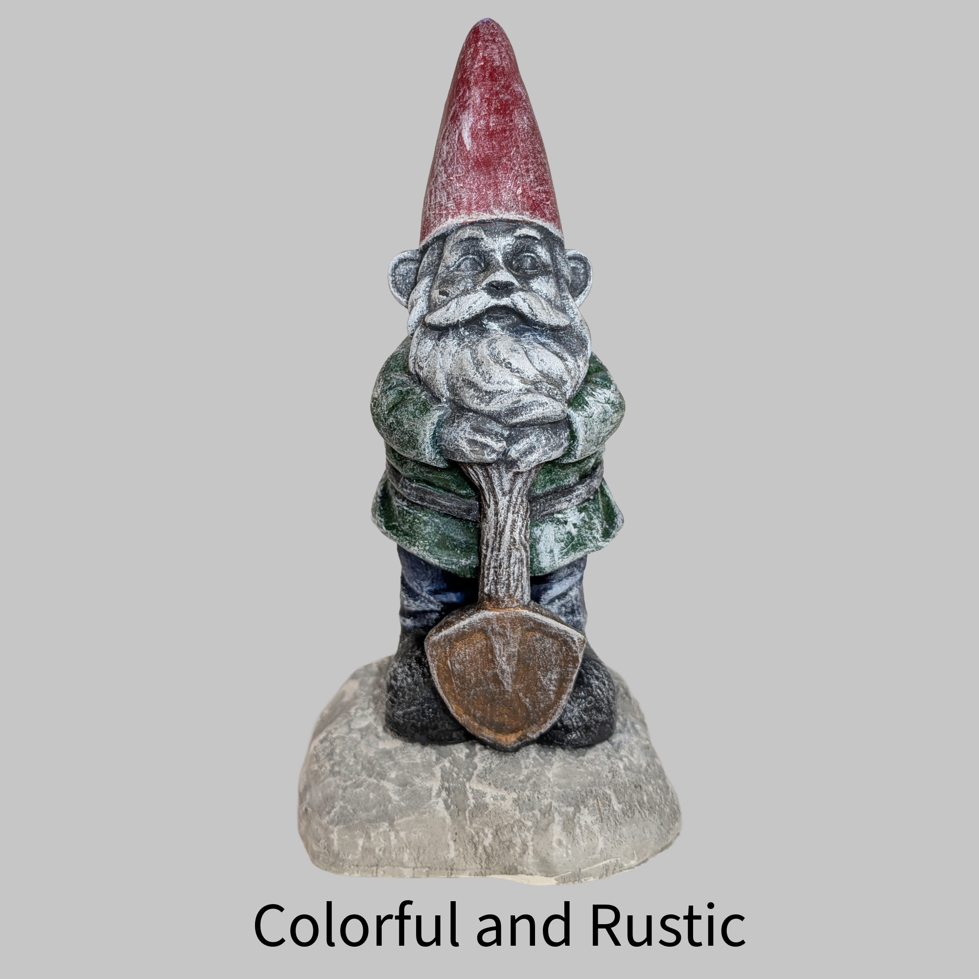 Rustic Cement Garden Gnome with Shovel 
