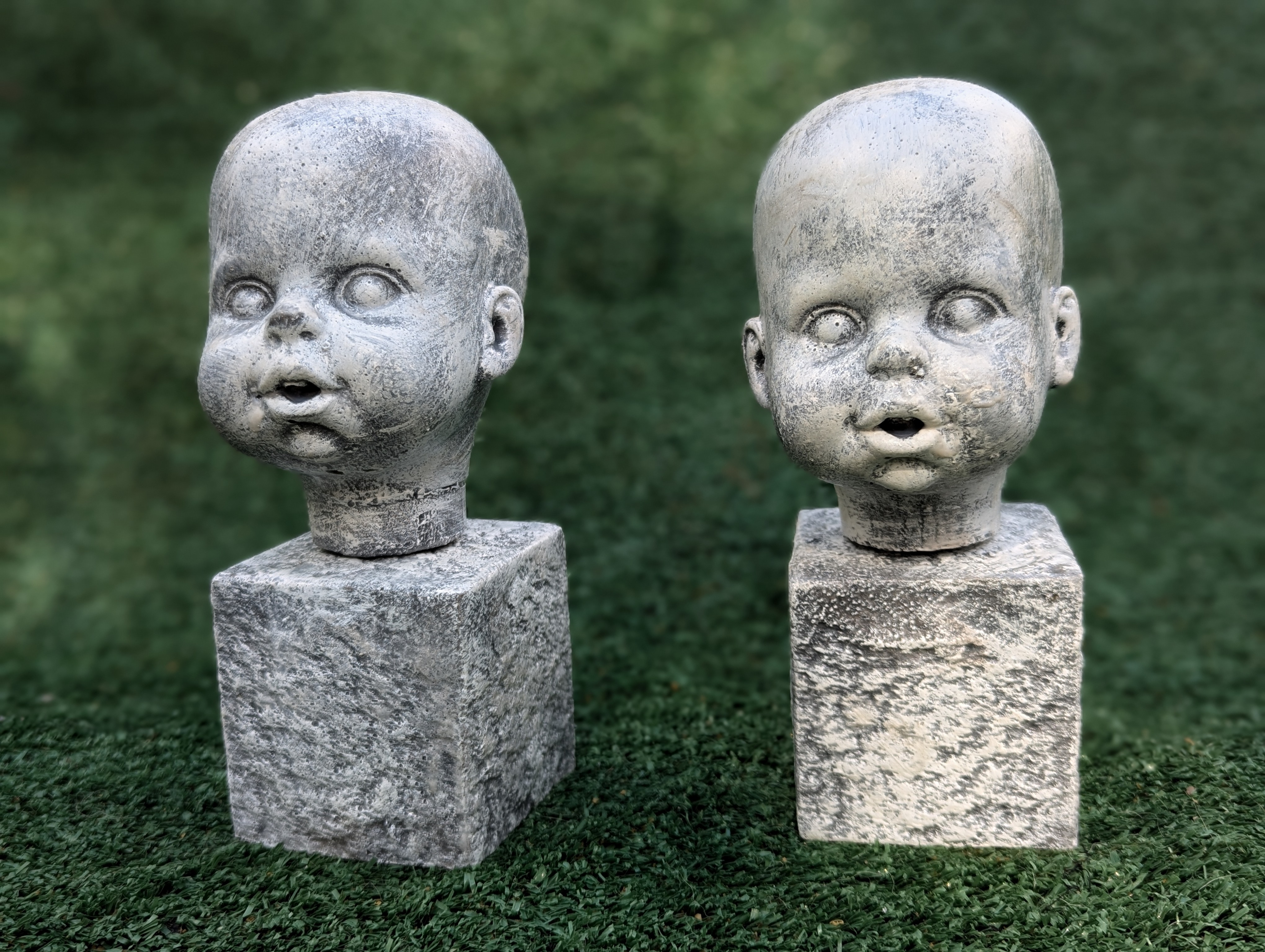 Creepy Cement Baby Head Statue - Set of Two