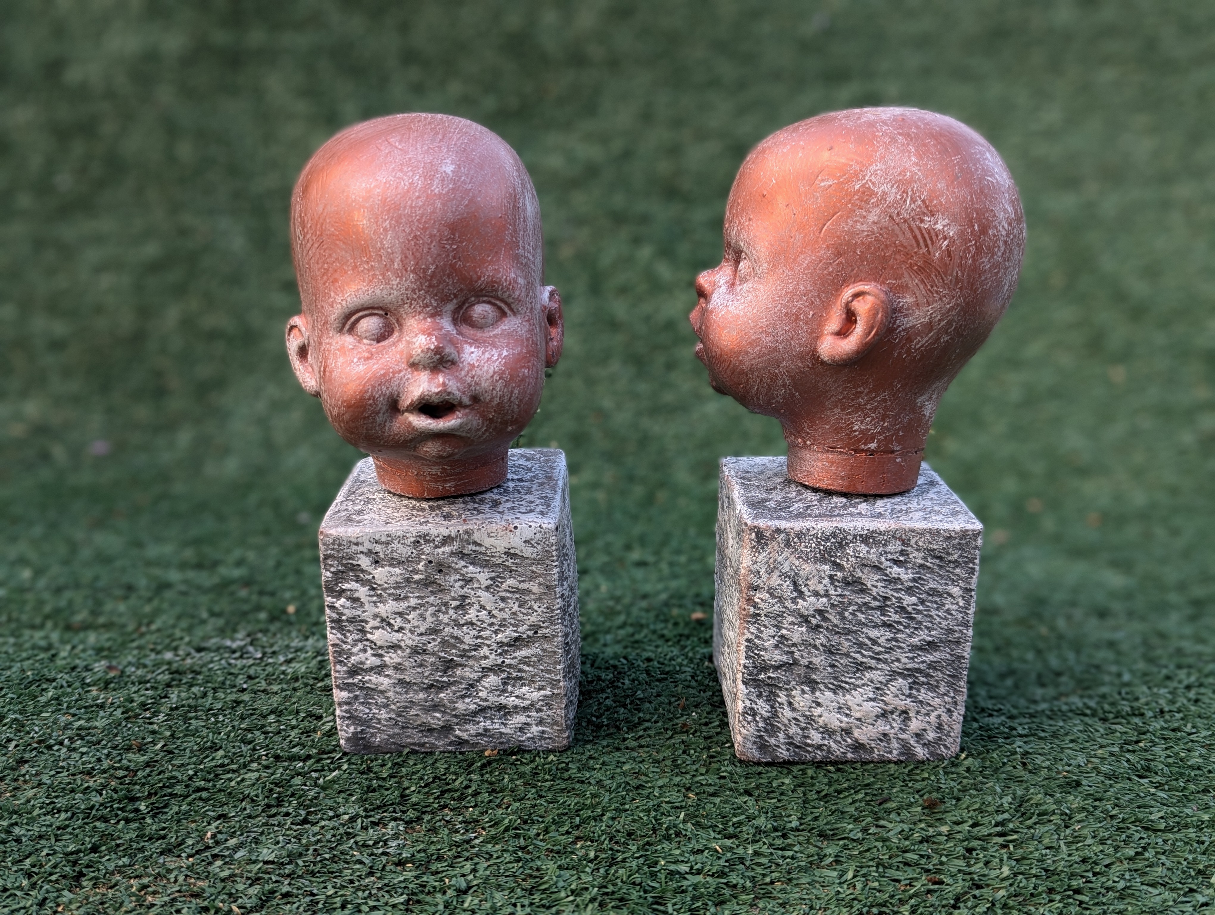Creepy Cement Baby Head Statue - Set of Two
