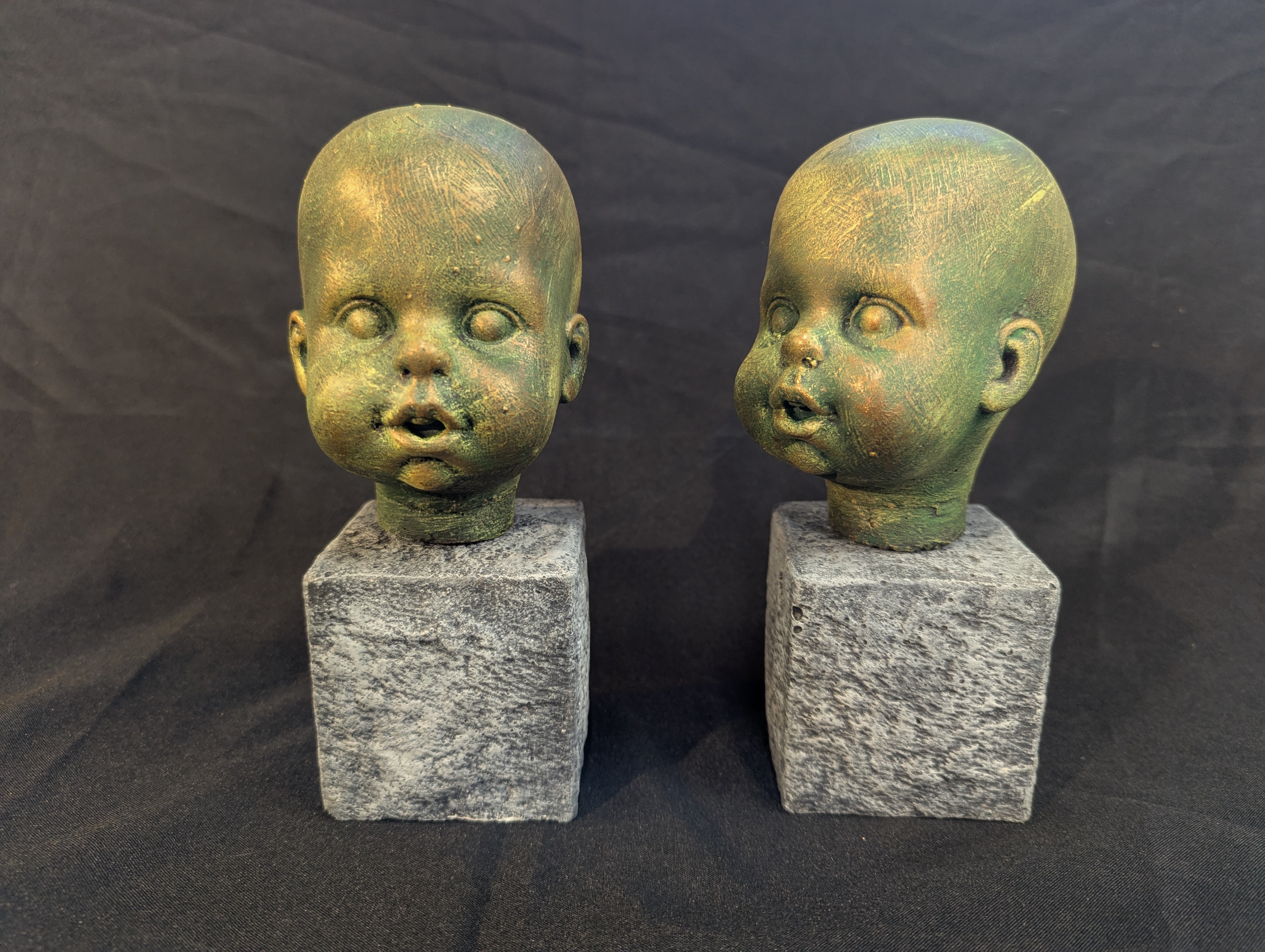Creepy Cement Baby Head Statue - Set of Two