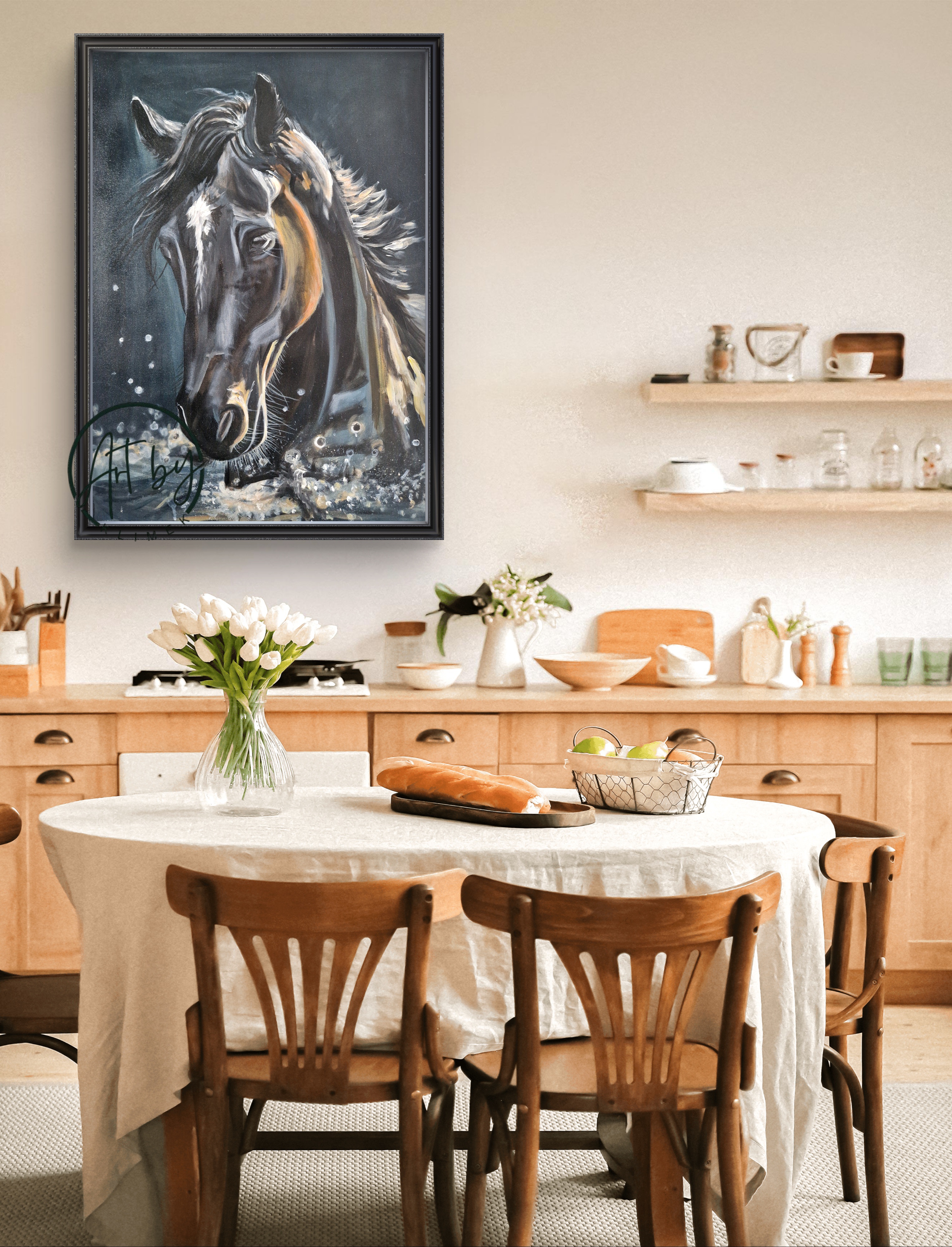 Obraz  „Czarny koń w wodzie”