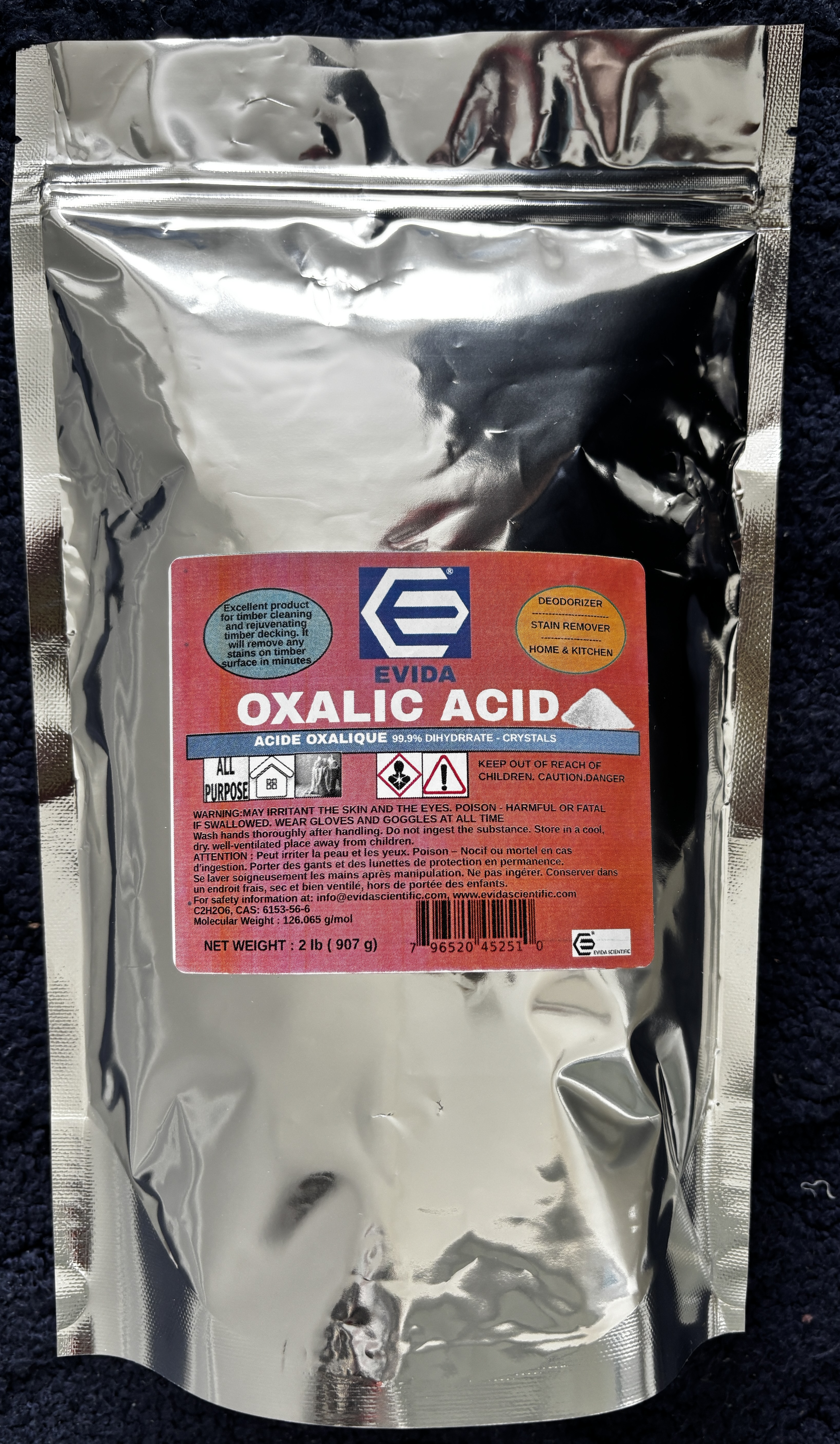 EVIDA- Oxalic acid 99.9% 2 lb (907 g) - Eco Living Solutions | Deck Stain Remover & Wood Stain Remover | Metal Cleaning & Rust Stain Removal