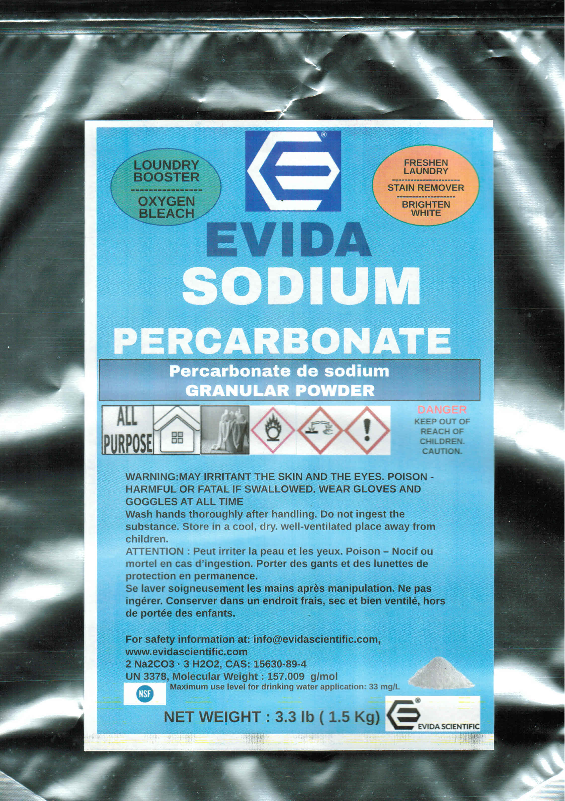 Sodium Percarbonate by EVIDA | Pure | Oxygen Clean Powder | Multi-Use | Laundry, Home, Cleaning, Stain Removal | Safe for Home & Pets | 3.3 lb (1.5 Kg)